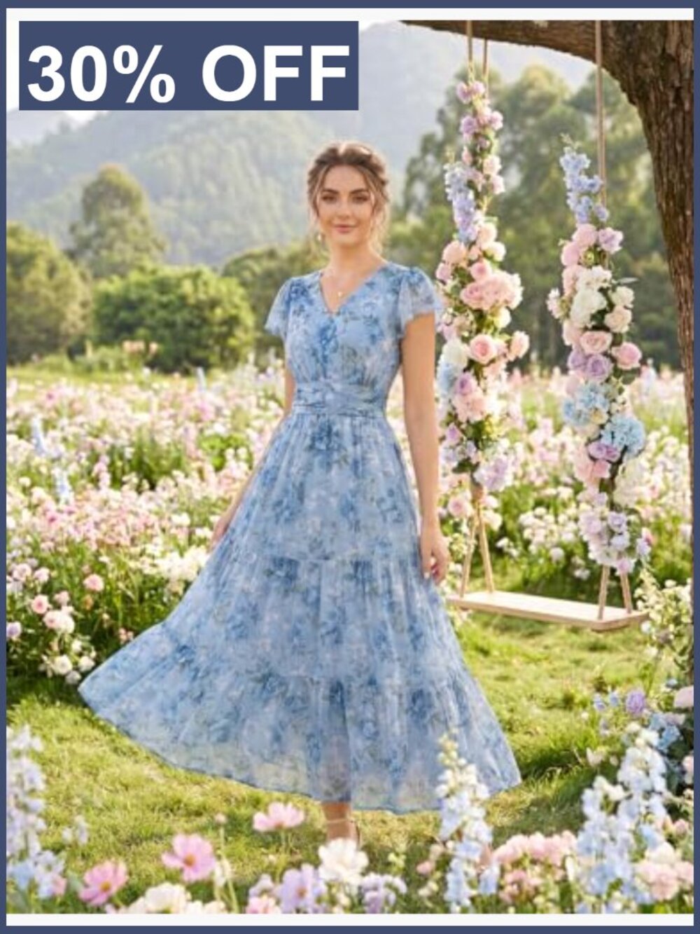 Semi Formal Maxi Dress with Pockets Floral V-Neck Ruffle Sleeve Flowy - Picture 4 of 7